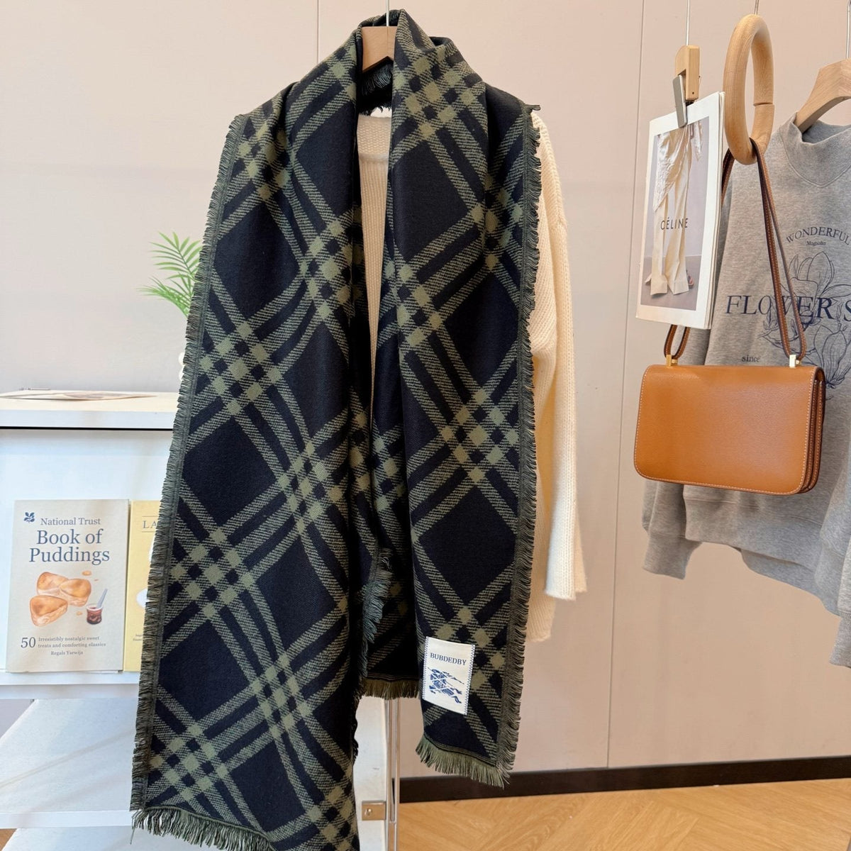 Burberry Black and Olive Green Plaid Scarf